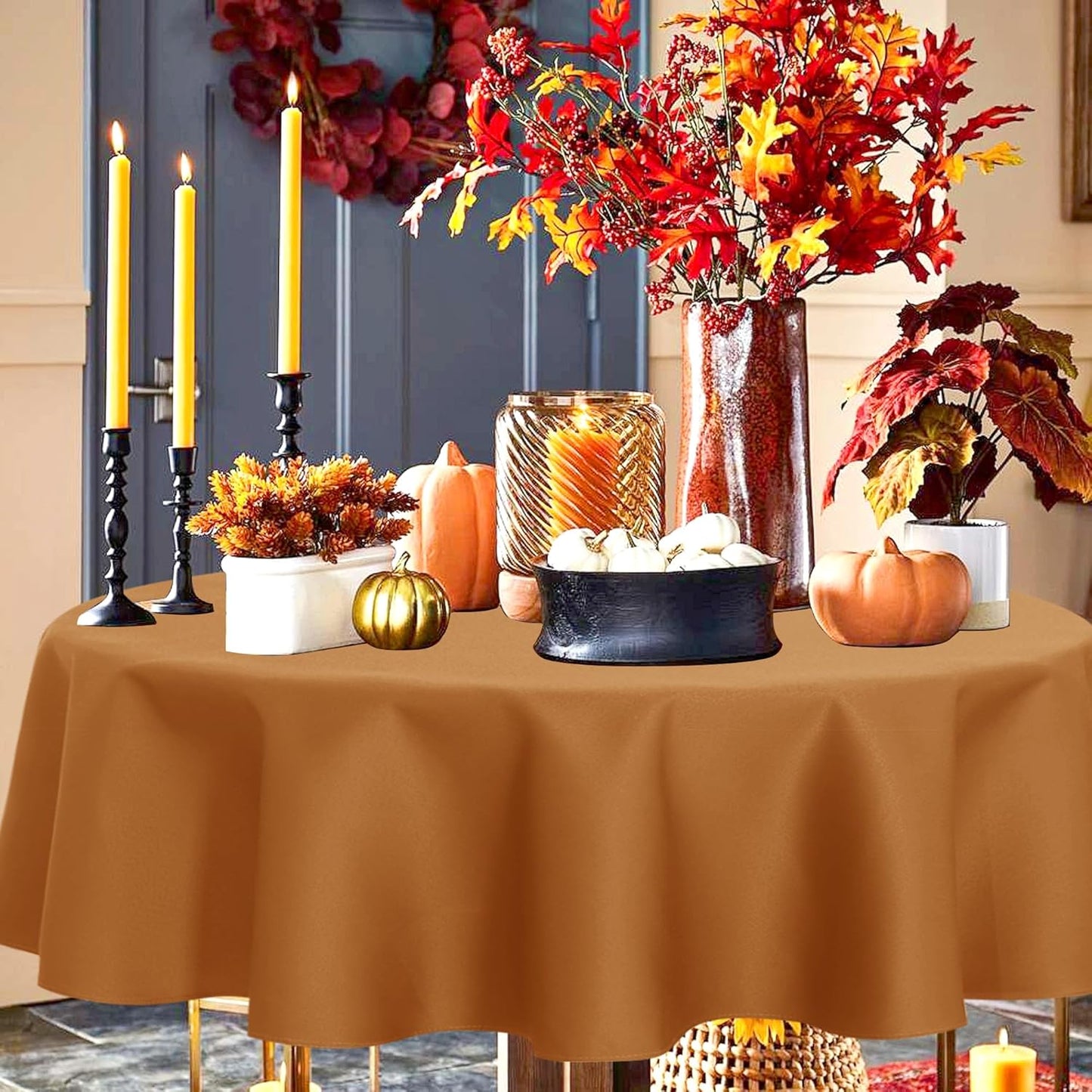 sancua Round Tablecloth 90 Inch - Water Resistant Spill Proof Washable Polyester Fall Table Cloth Decorative Fabric Table Cover for Dining Tables, Thanksgiving Parties and Camping, Bronze