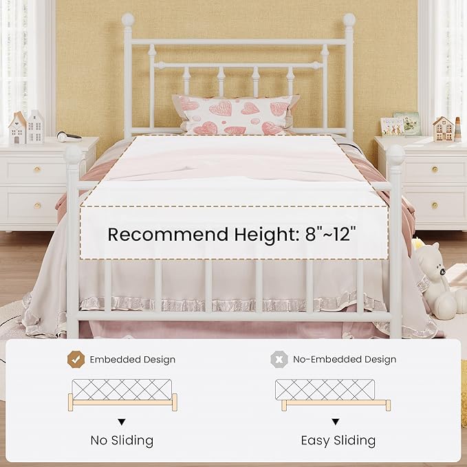 SHA CERLIN 14" Twin Size Metal Platform Bed Frame/Victorian Headboard and - Image 7