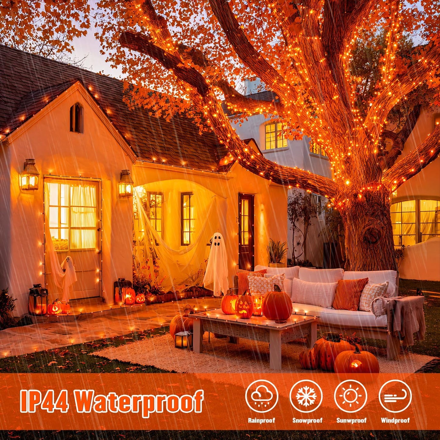 JMEXSUSS 2 Pack Orange Halloween Lights: 100 LED 33ft Solar Halloween Lights Outdoor Waterproof - 8 Modes Orange Solar Light for Christmas Outside Tree Gardens Fall Festival