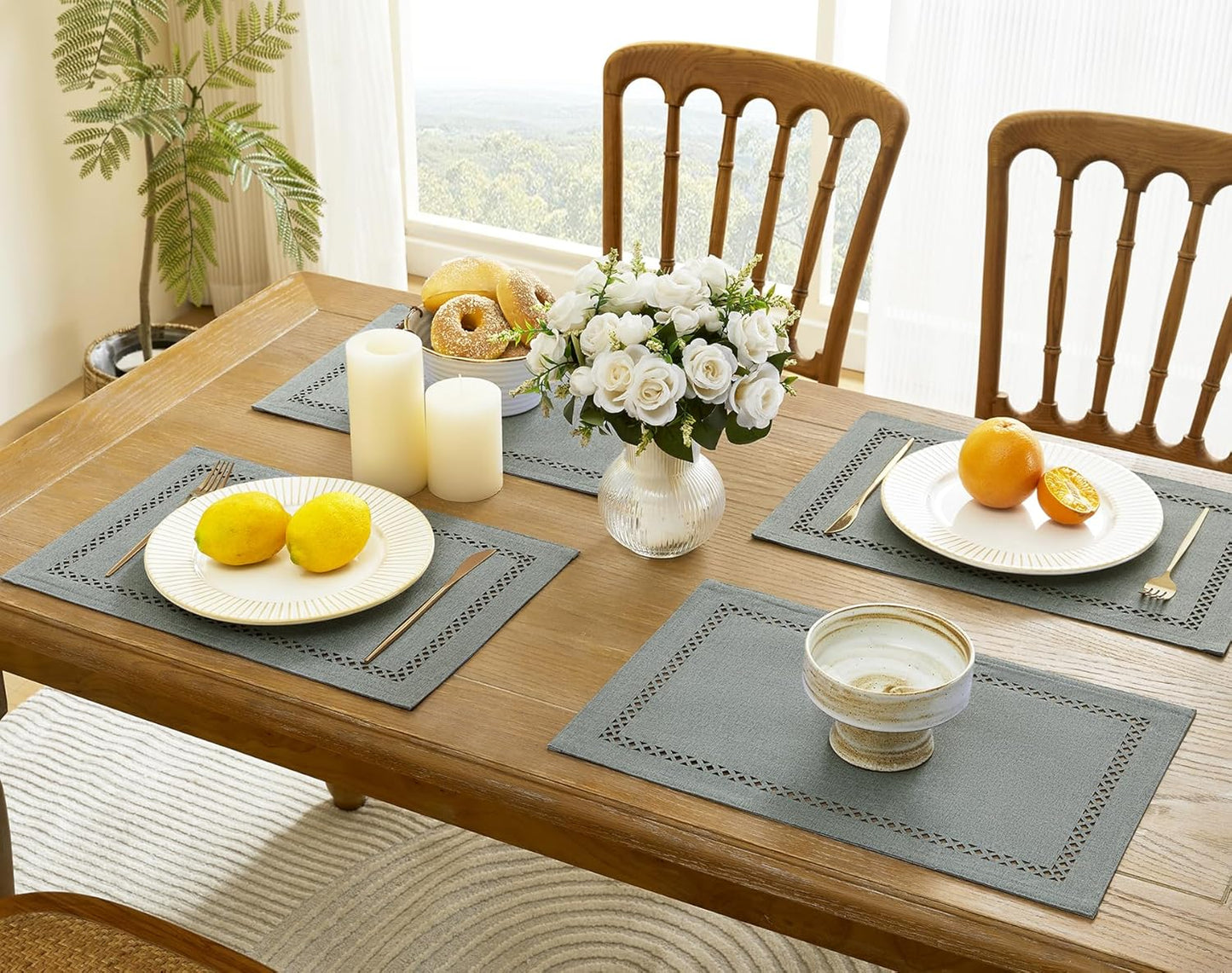 Burlap Placemats Set of 6, 12 x 18 Inch Rustic Geometric Hollow Place Mats, Heat Resistant Placemats for Farmhouse Kitchen Table Decor, Grey 6PCS