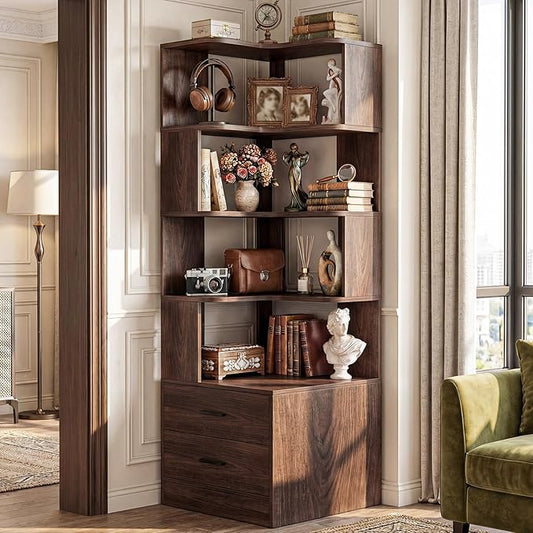 Armocity Corner Bookshelf with Drawers, 7 Tier Corner Book Shelf Display by Armocity