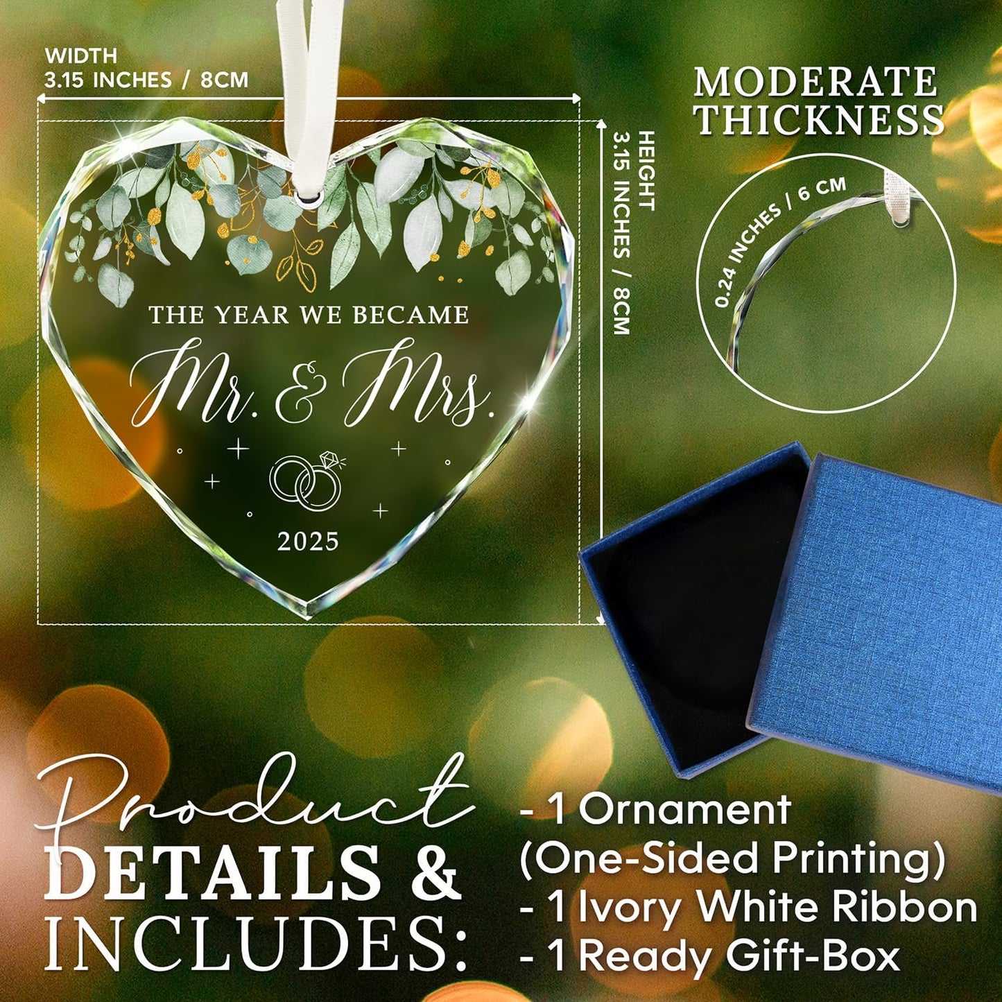 HEXMOZ Wedding Gifts for Couples 2025 - Mr and Mrs Gifts - Bridal Shower Gift, Wedding Ideas for Newly Wed, Bride, Future Mr Mrs - Just Married Glass Ornament 2025, 1st Married Couple Christmas Decor