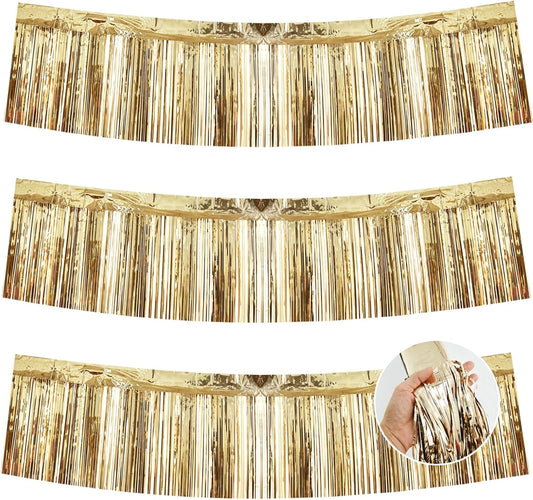 BEISHIDA 3 Packs Metallic Foil Fringe Garland Champagne Wall Hanging Tinsel Fringe Banners for Car Floats Halloween Bridal Shower Wedding Birthday Easter Graduation Holiday Party Decoration(30Ft)