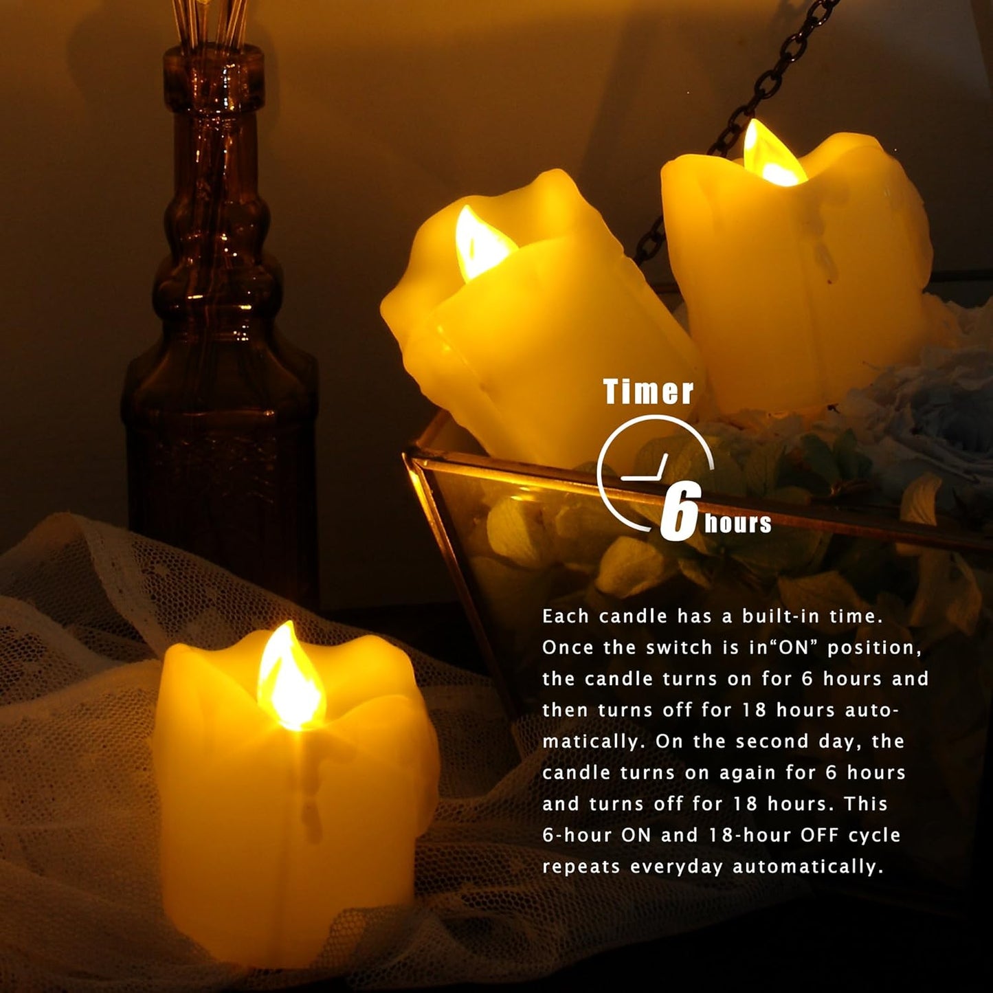 CANDLE CHOICE Battery Operated Flameless Votive Candles with Timer Flickering Fake Electric LED Tea Lights Set Wedding Party Holiday Decorations Table Centerpiece Long Lasting Batteries Included 6 PCS