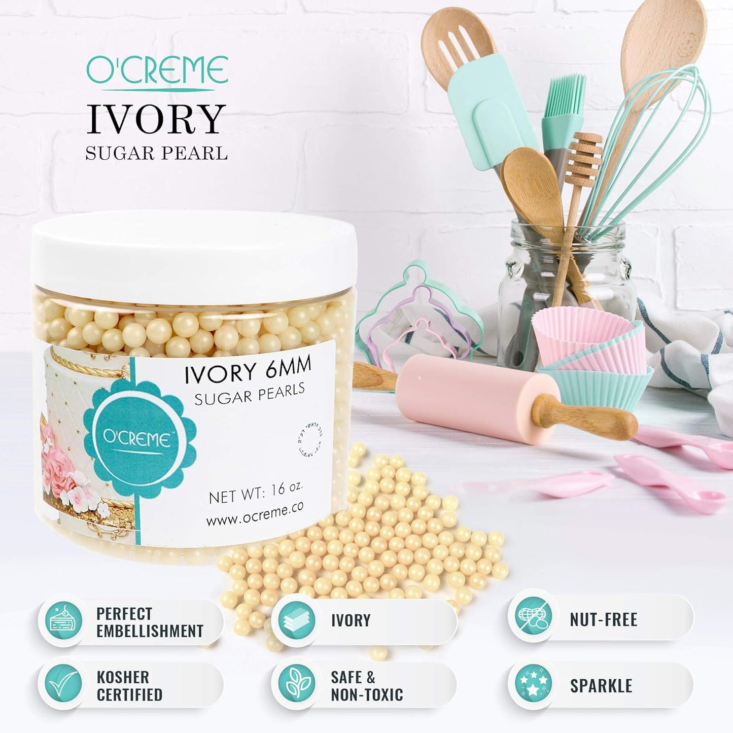 O'Creme Ivory Edible Sugar Pearls Cake Decorating Supplies for Bakers: Cookie, Cupcake & Icing Toppings, Beads Sprinkles For Baking, Certified, Candy Sugar Ball Accents (12mm, 8 Oz)