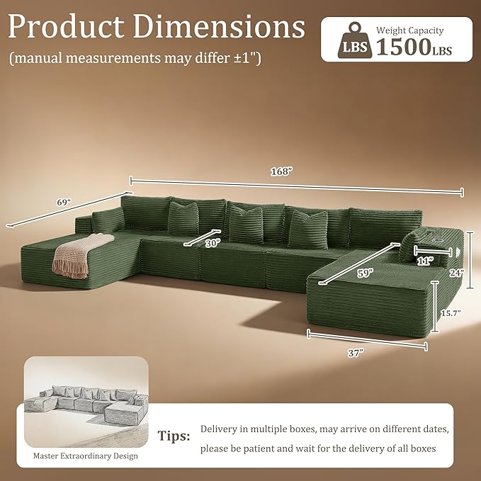 168" Cloud Sectional Couch, Comfort U Shaped Sofa - Image 2