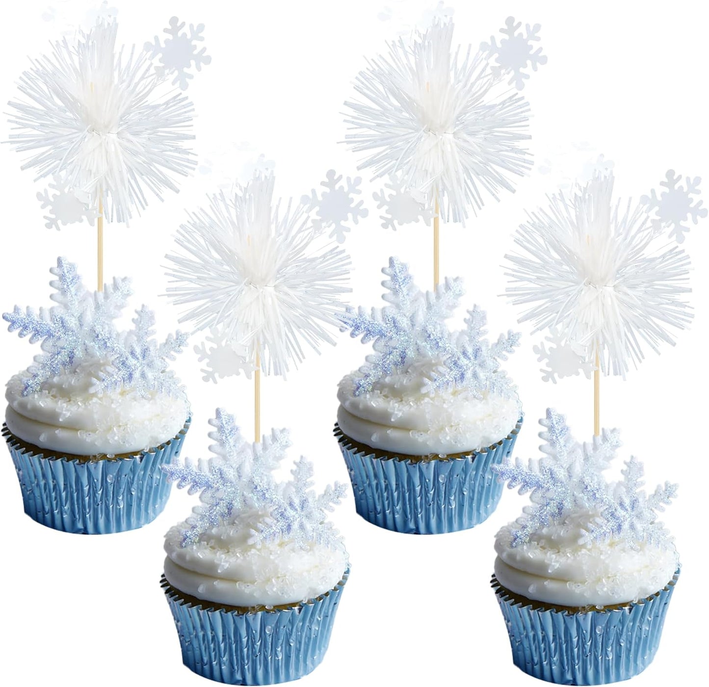Gyufise 20Pcs Foil Firework Cupcake Toppers Sparkle Tinsel Cake Toppers Tinsel Drink Cake Decoration Cocktail Picks for Birthday Wedding Graduation Party Supplies White