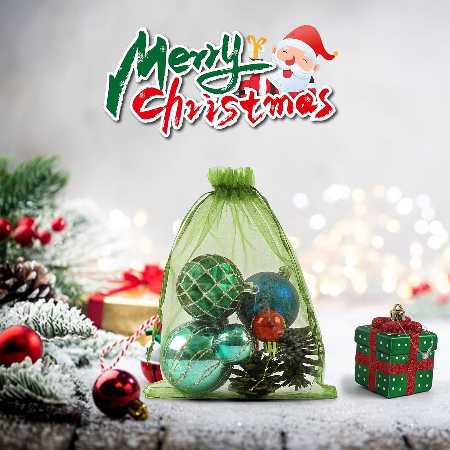 ANZNKU 100 Pack Green Organza Bags 6x9 inches Mesh Bags Drawstring, Sheer Organza Gift Pouches for Party Favor Wedding Christmas