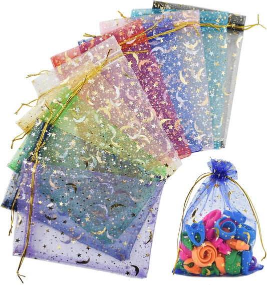 SHRJ 100pcs 10 Colors Organza Sheer Bags with Drawstring for Wedding, Valentine, Halloween, Christmas, Thanksgiving, Birthday Party Candy Gift Supplies, Moon Star, 5” x 7”