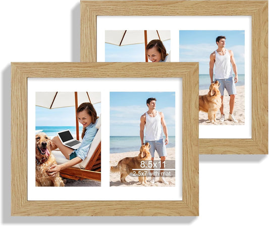 8.5x11 Picture Frame Set of 2, Natural Oak Certificate Document Frames with Glass Collage Frame, Display Pictures Two 5x7 With Mat or 8.5 x 11 Without Mat for Wall Hanging or Tabletop
