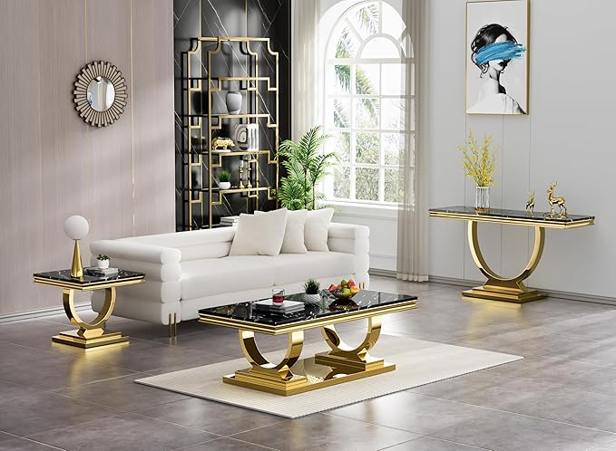 Henf Marble End Table Modern Black Faux Marble Sofa Side Table - Image 8