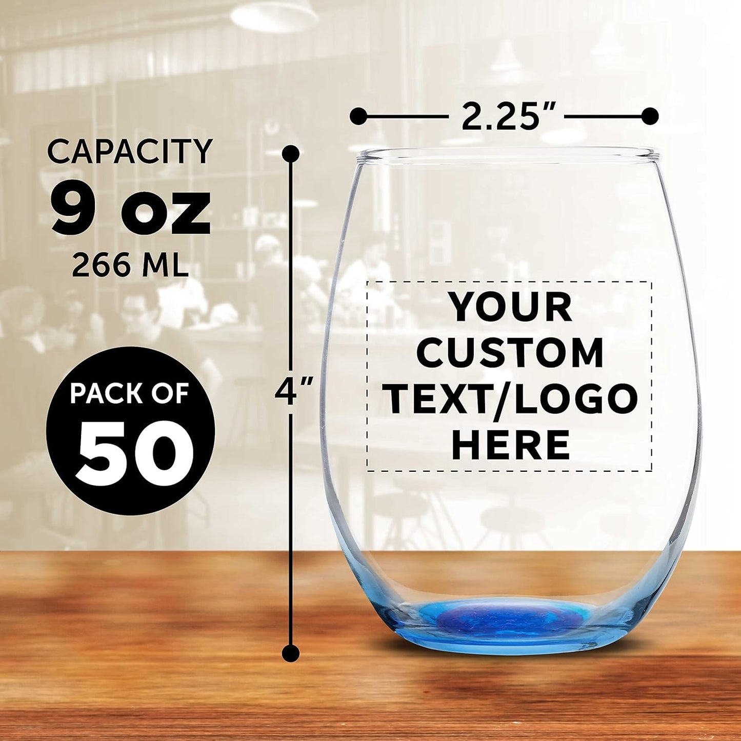 Custom Stemless Wine Glass 9 oz. Set of 50, Personalized Bulk Pack - Great for Wedding Favors, Bachelorette Party Decorations, Party Favors, Color Bottom - Blue