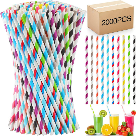 Eaasty 2000 Pcs Colored Paper Straws Bulk Disposable Striped Drinking Paper Straws for Summer Juice, Shakes, Cocktail,7.87 Inches, 0.24'' Diameter (Fresh Colors)