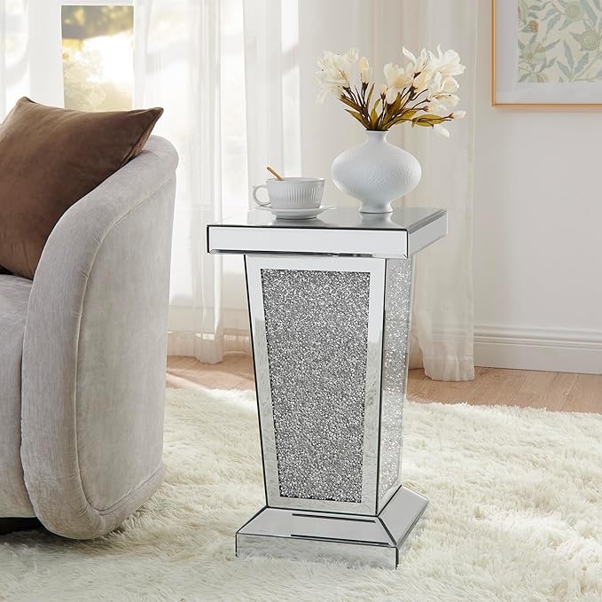 Silver Mirrored End Table with Crystal, Modern Side Accent Table, Square Small by HEPMIMZHU