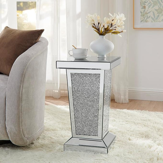 Silver Mirrored End Table with Crystal, Modern Side Accent Table, Square Small by HEPMIMZHU