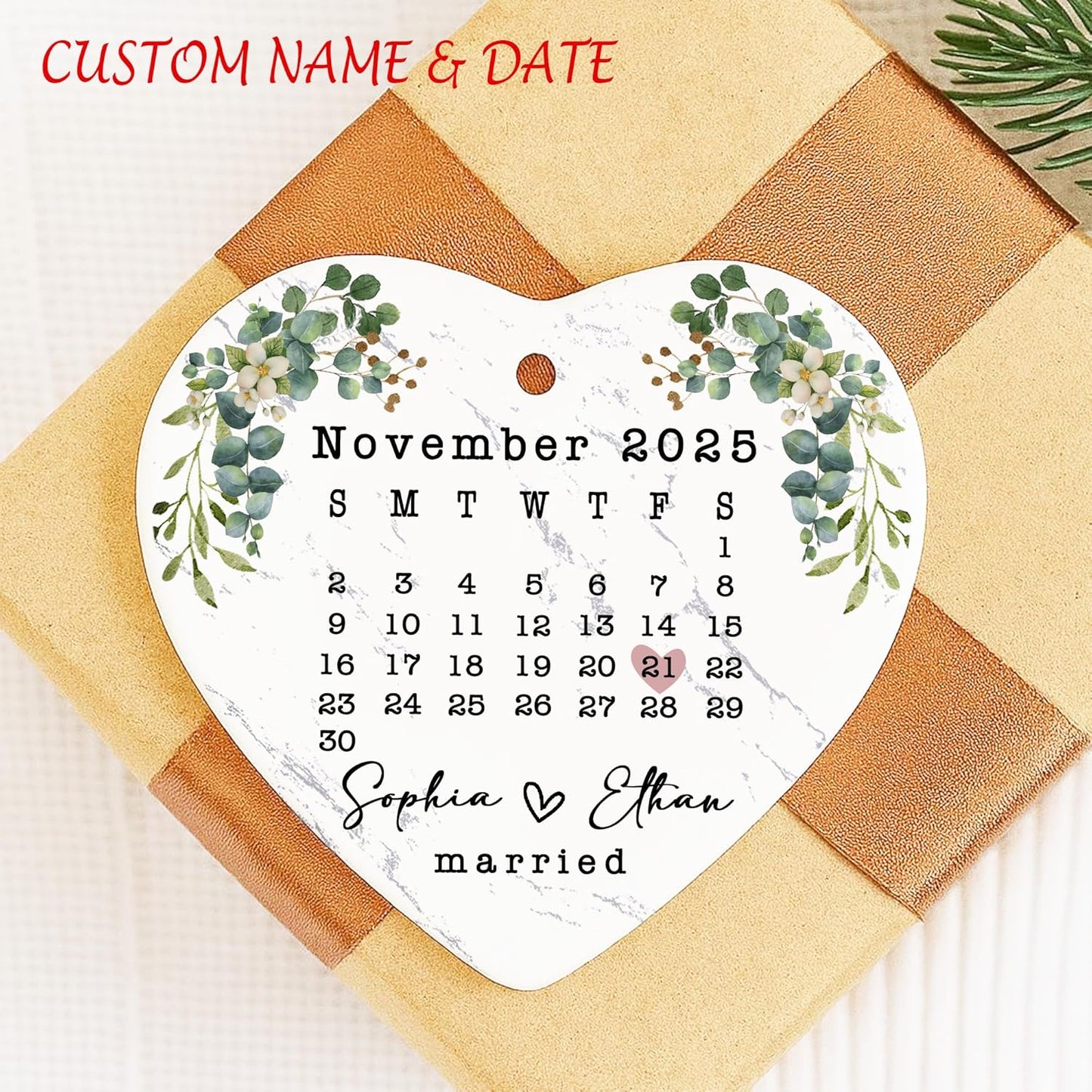 Love Signal Married Calendar Ceramic Ornament, Mr Mrs 2025 Ornaments Custom Name Date, Personalized Gift for Wedding Newlywed Engaged Couple Christmas