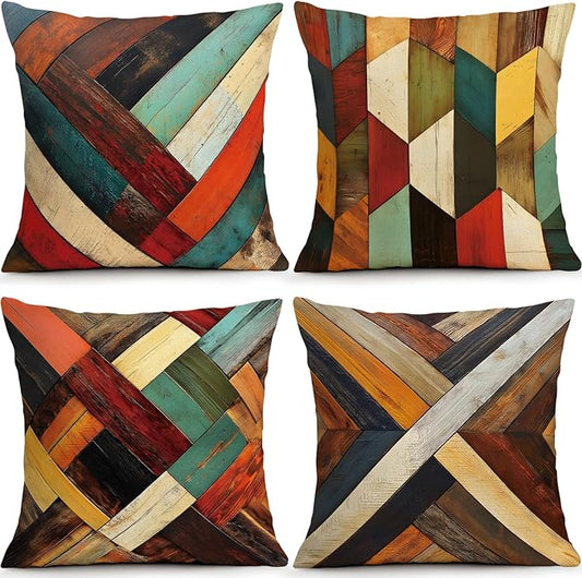 OBSEDE Retro Colored Wood Grain Geometry Decorative Throw Pillow Covers 18 × 18 by OBSEDE