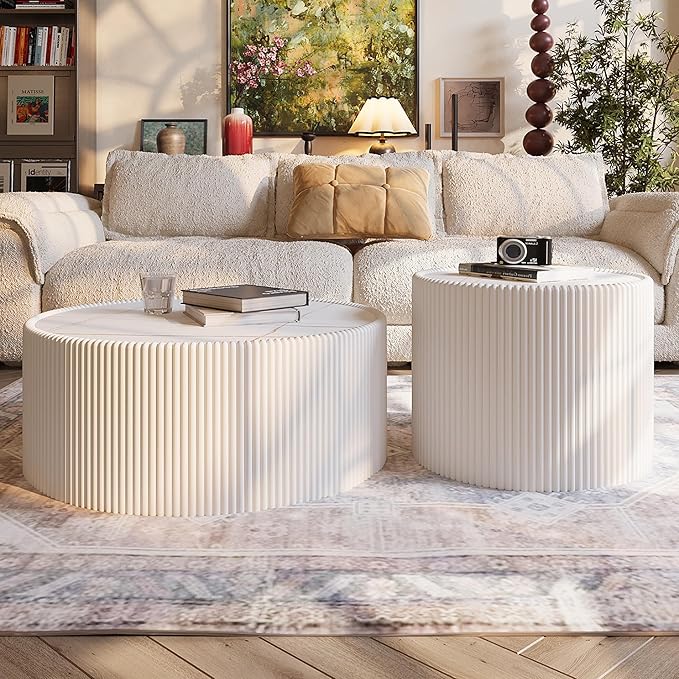 SSLine Round Drum Coffee Table Modern Sintered Stone Top Coffee Table in White - Image 5