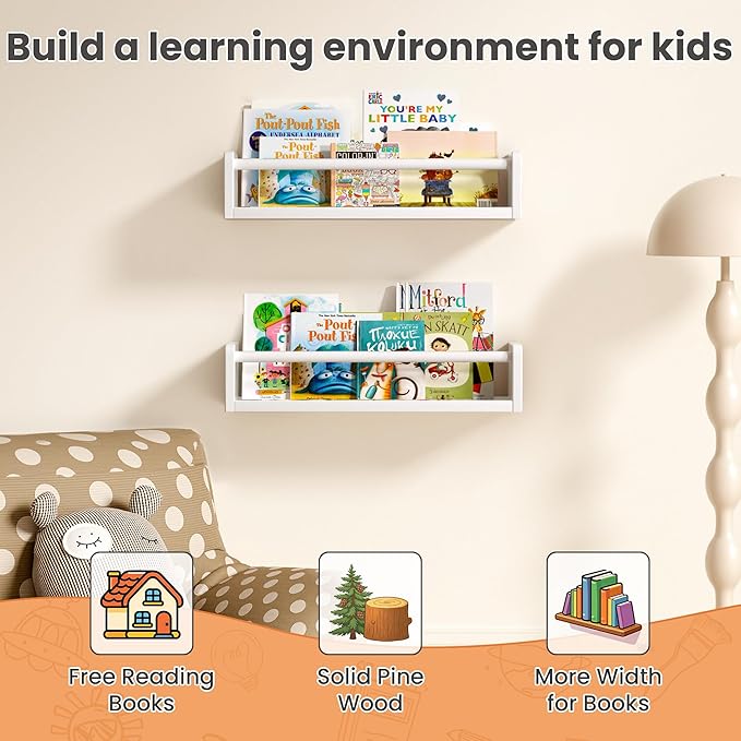 upsimples 2 Pack Nursery Book Shelves, 15.7 Inch Floating Bookshelves - Image 4