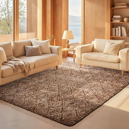 Ophanie Brown and White Diamond Striped Rugs by Ophanie