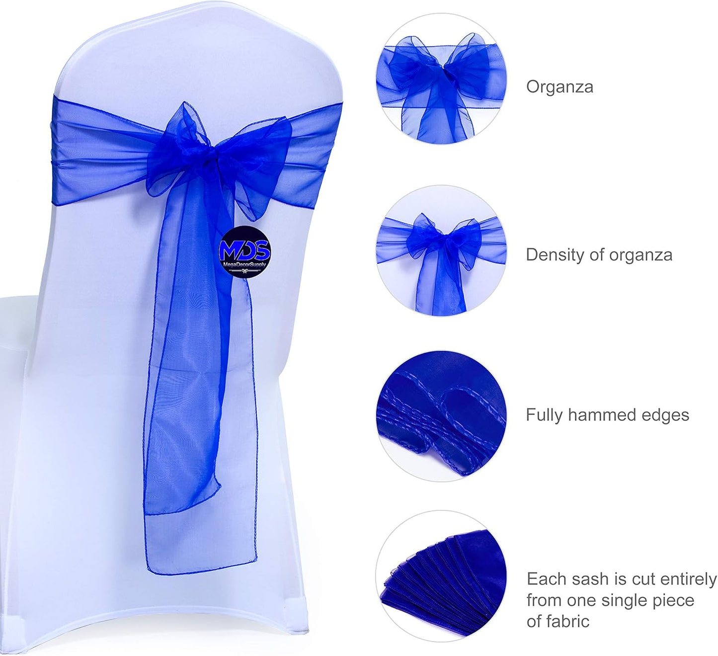 MDS Pack of 50 PCS Organza Chair Sashes Wider Dining Chair Bows Ribbon Tie Back for Wedding Party Birthday Bridal Shower Reception Event Banquet Home Chair Cover Decoration - Royal Blue