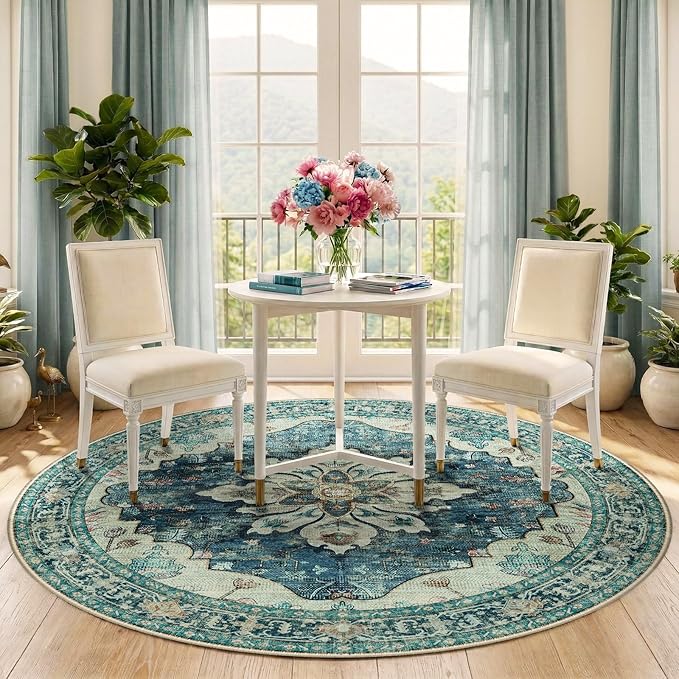 RELEANY Area Rugs Round 5ft Washable Non-Slip, Floral Vintage Distress Print - Image 2