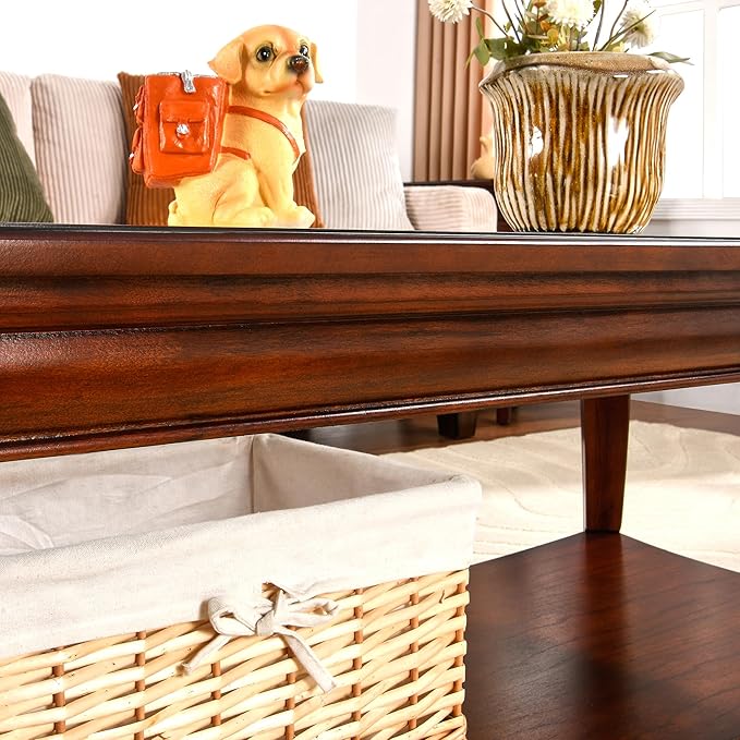 Coffee Table with Tempered Glass Top and Storage Shelf, Farmhouse Living Room - Image 7