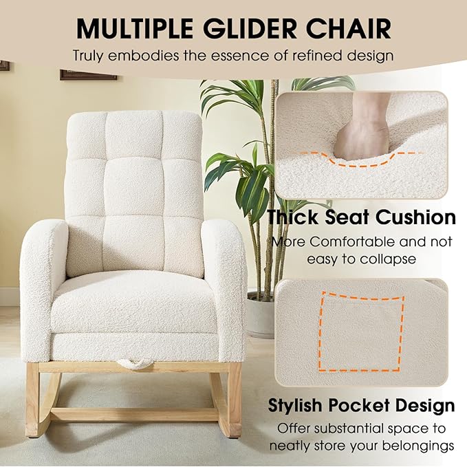 NIOIIKIT Modern Nursery Rocking Chair, Teddy Upholstered Rocking Chair - Image 7