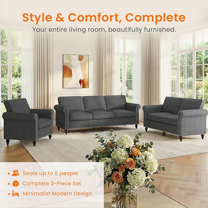 Living Room Sofa Sets 3 Piece, Modern 3 Seater Sofa and Loveseat Couch and - Image 2
