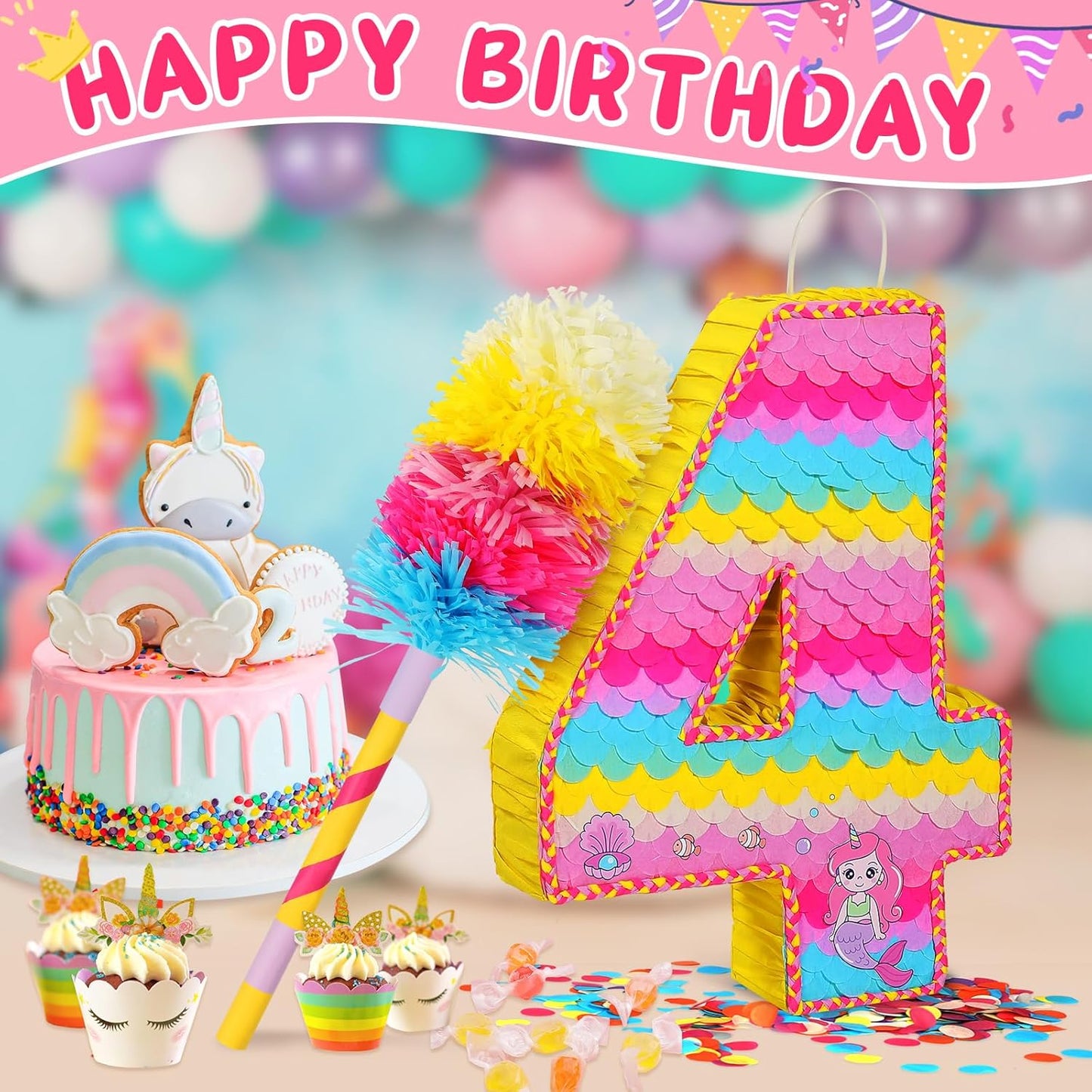 Number 4 Pinata for Birthday Party Decorations, Unicorn Mermaid Theme Pink Piñata Games Toy (4th)