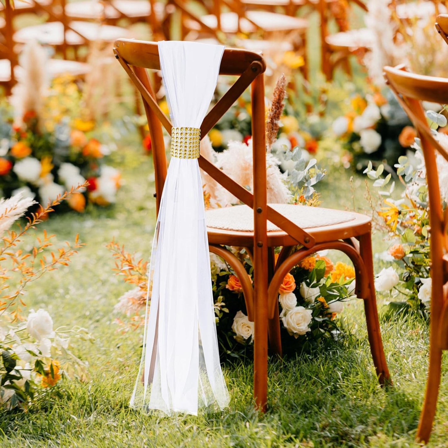 Large White Pew Bows Tulle Wedding Aisle Chair Decorations, Extended Church Pew Decor Aisle Flowers Runner for Weddings Ceremony Outside Decorations (26, Gold Wrap)