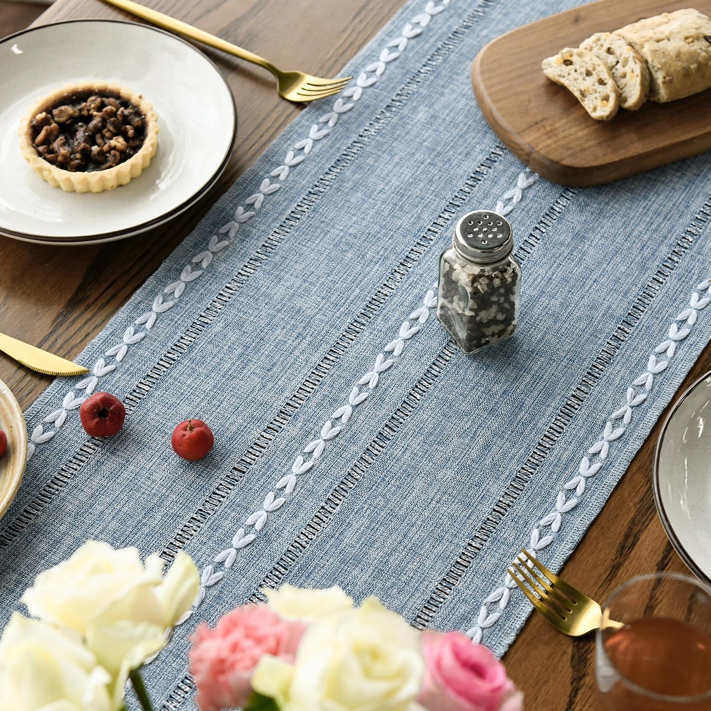 Artoid Mode Dusty Blue Cotton Linen Table Runner, Seasonal Rustic Embroidered Hollow Kitchen Dining Table Decoration for Home Party Decor 13x36 Inch