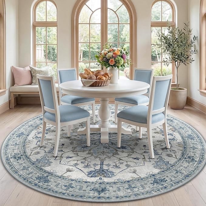RELEANY Area Rugs Round 7ft Washable Non-Slip, Floral Vintage Distress Print by RELEANY