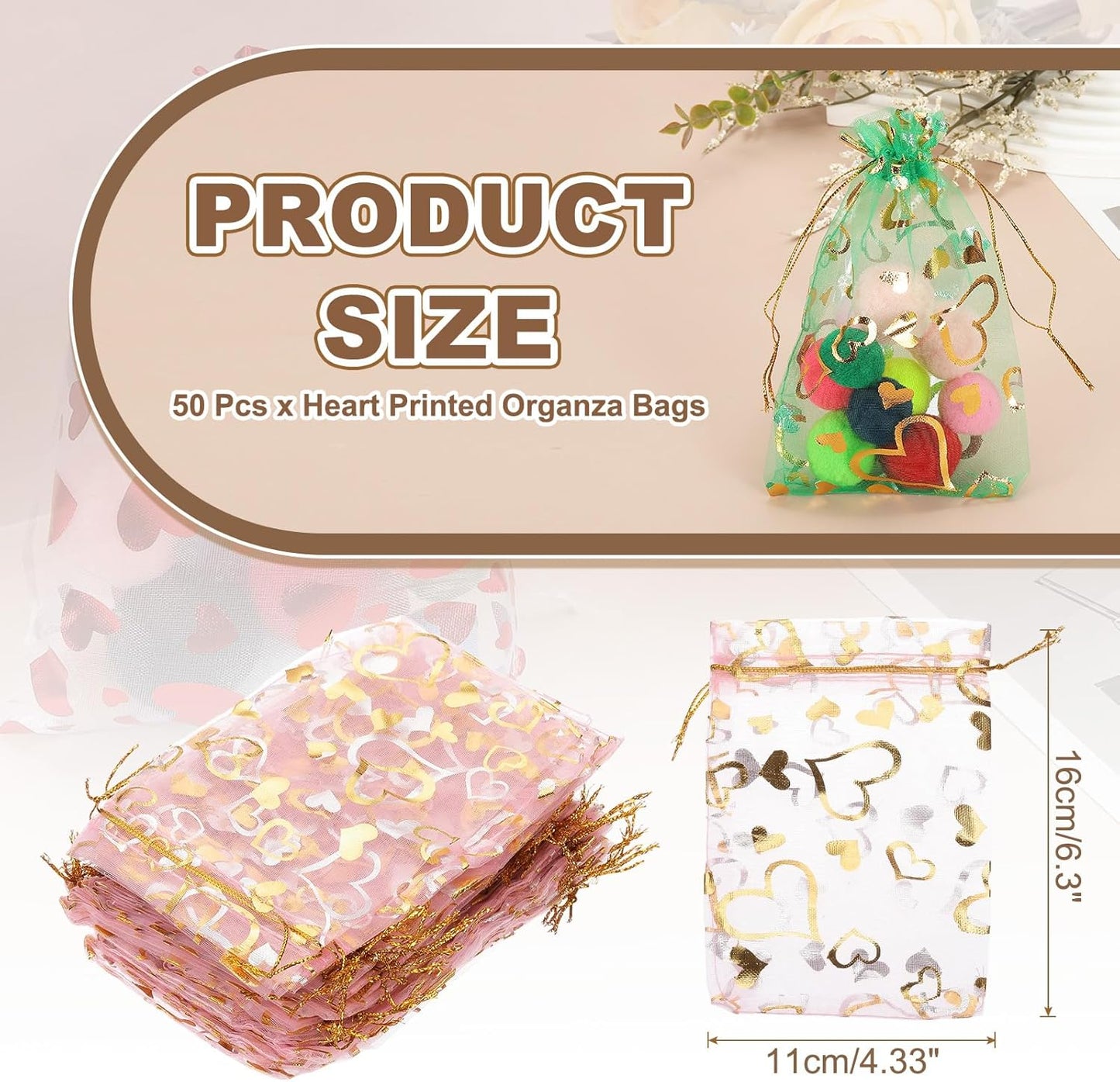 PATIKIL 50 Pcs 4x6 Inch Heart Printed Organza Bags, Pink Sheer Heart Organza Bags with Drawstring for Christmas Candy Jewelry Party Wedding Favor Gift