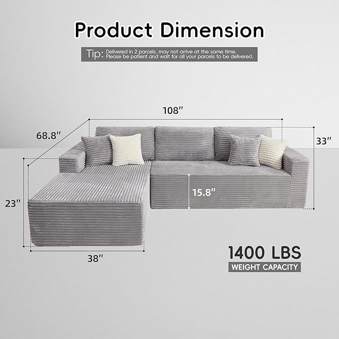 108" Boneless Couch, L-Shaped Modular Sectional Sofa - Image 2