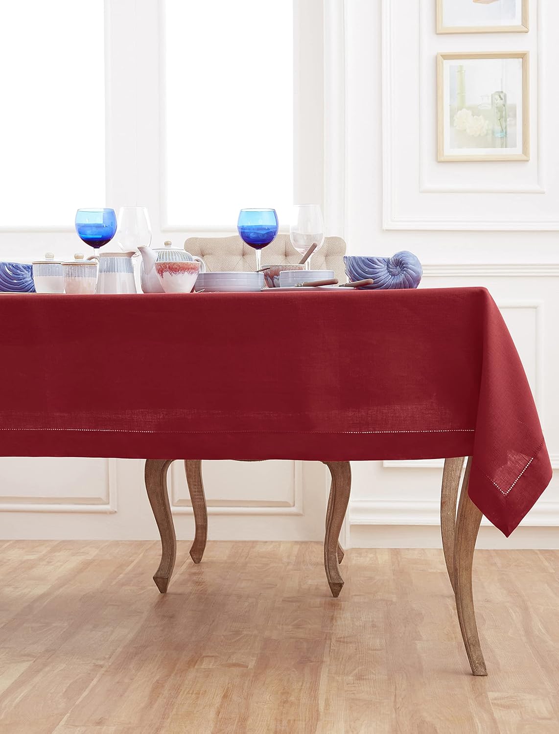 Solino Home Red Linen Tablecloth 60 x 144 Inch - 100% Pure Linen Hemstitch Table Cloth for Rectangle Tables - Classic Hemstitch, Machine Washable Tablecloth for Christmas