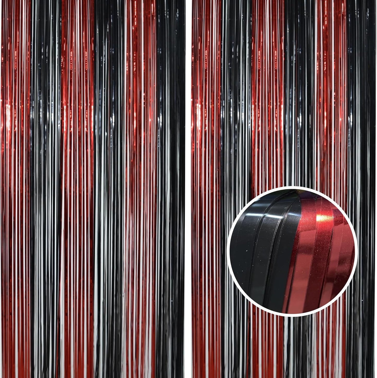 BRAVESHINE Tinsel Photo Backdrop Curtains - 2 Pack 3.2x8.2ft Black Red Foil Fringe Streamer Curtain for Halloweens, Lantern, Pumpkin, Home, Indoor or Outdoor Party Supplies Decorations