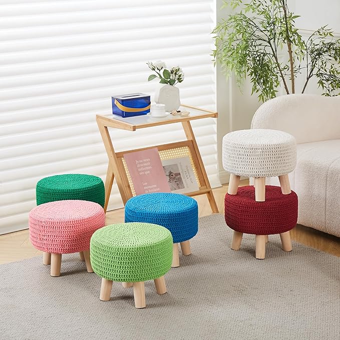 Wimarsbon Pouf Ottoman, 100% Cotton Knitted Boho Footstool, Round Footrest - Image 7