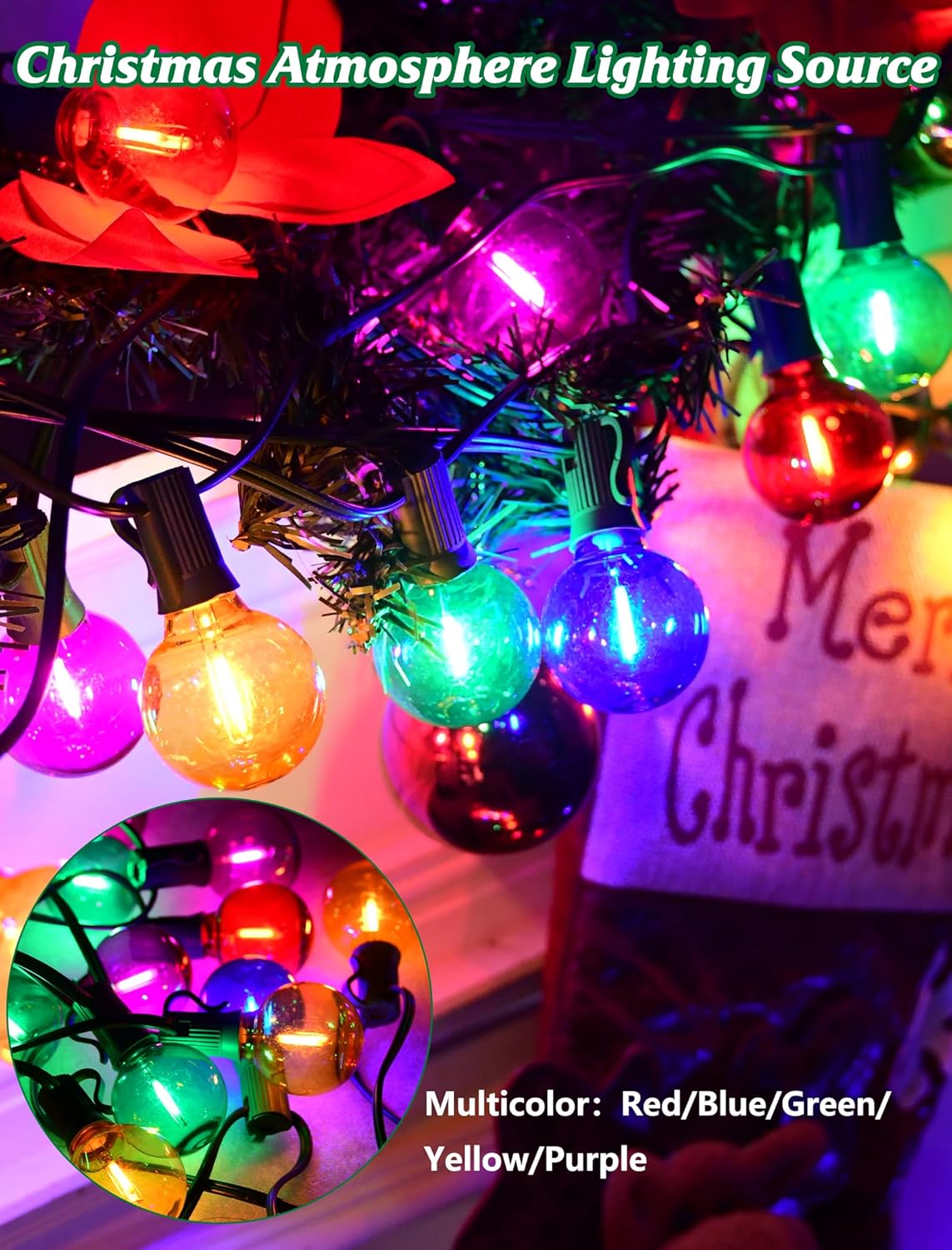 SUNSGNE 25FT LED Globe Christmas Lights with 25 Shatterproof G40 LED Clear Multicolor Round Bulbs, Waterproof Colorful Christmas String Lights for Patio Backyard Porch Balcony Gazebo Party Decor