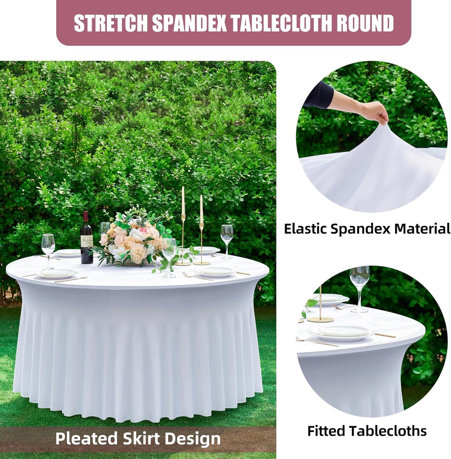 4 pk White Round Spandex Tablecloth for 60in Tables, Wrinkle Free Stretchy 120inch Fitted 5FT Table Cloths Round Table Covers with Skirt for Wedding Party Dining Banquet Events