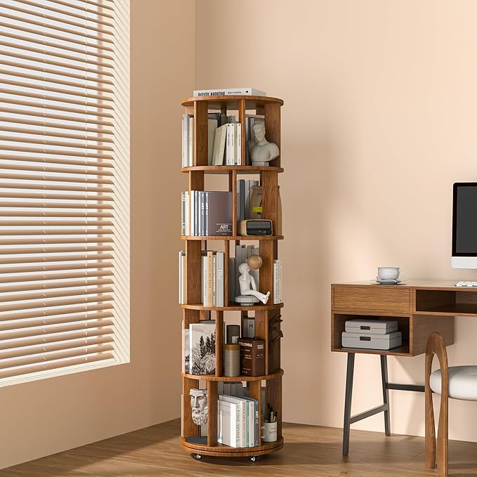 5-Tier Solid Wood Rotating Bookshelf on Wheels, 360° Spinning Book Shelf Tower by IUNVR