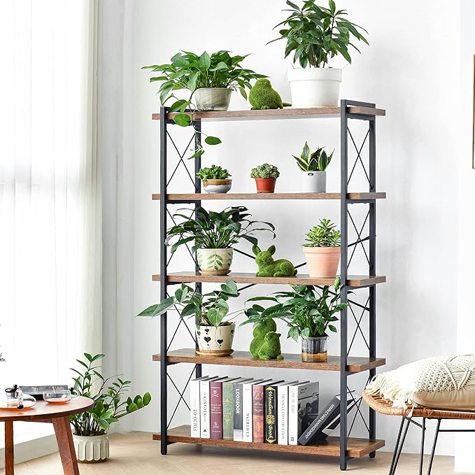 HCHQHS Bookshelf, 5-Tier Industrial Bookcase, Rustic Open Book Shelf, - Image 5