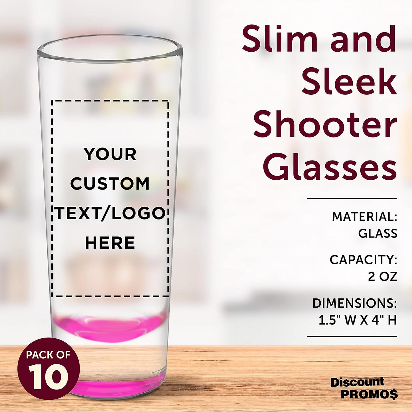 Custom Cordial Shooter Shot Glasses 2 oz. Set of 10, Personalized Bulk Pack - Great for Birthdays, Parties, Indoor & Outdoor Events - Pink
