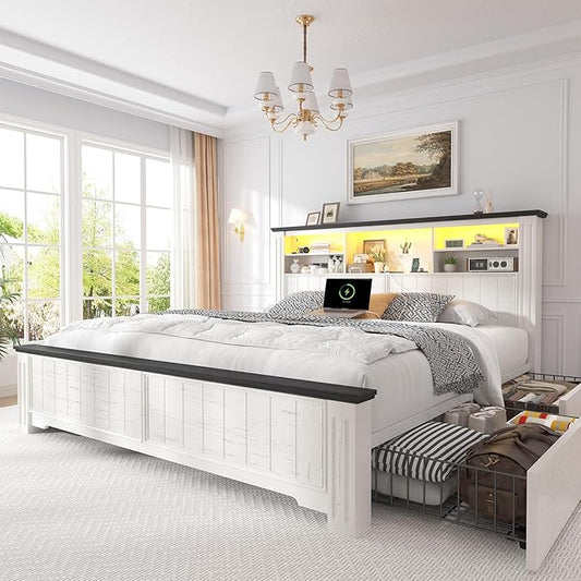 EnHomee Queen Bed Frame with Headboard and Storage, 4 Drawers and LED Built in by EnHomee