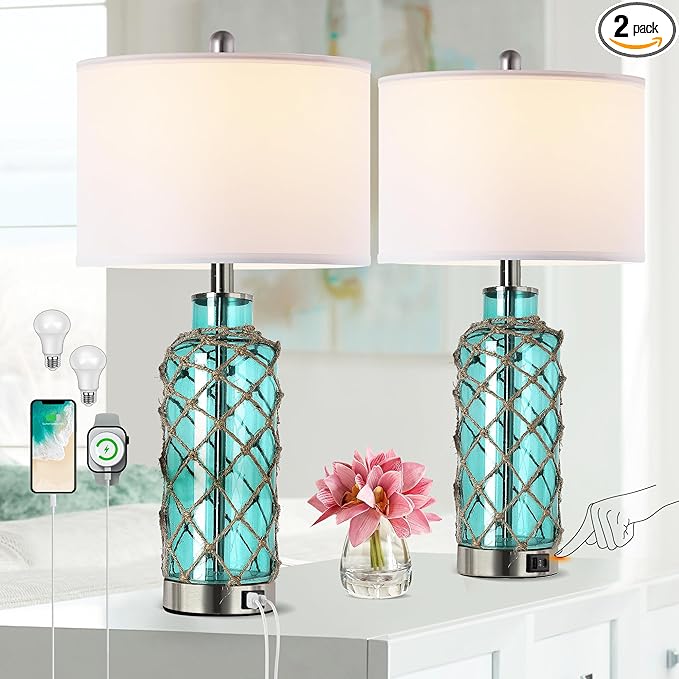 Cottage Nautical Accent Table Lamp Set of 2, Touch Coastal Blue Green Glass by PARTPHONER