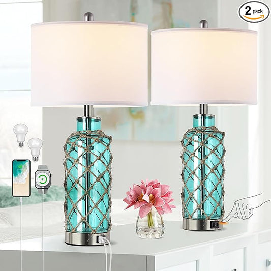 Cottage Nautical Accent Table Lamp Set of 2, Touch Coastal Blue Green Glass by PARTPHONER