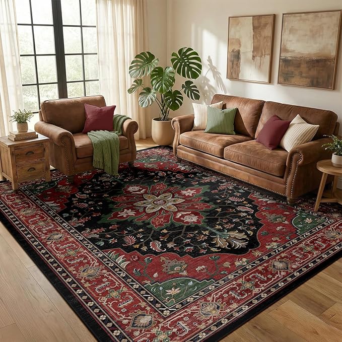 RELEANY Area Rugs 5'x7' Washable Non-Slip, Floral Vintage Distress Print by RELEANY