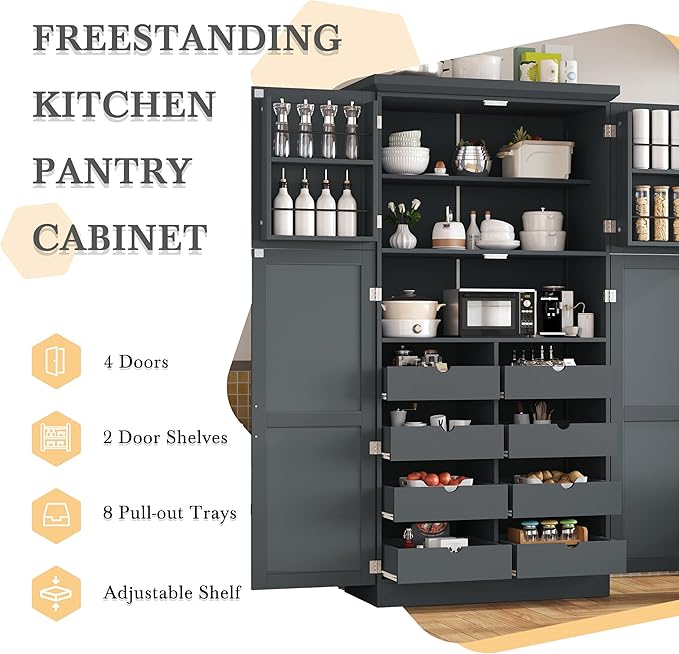 VilroCaz Freestanding Kitchen Pantry Tall Storage Cabinet, Wooden Kitchen - Image 5