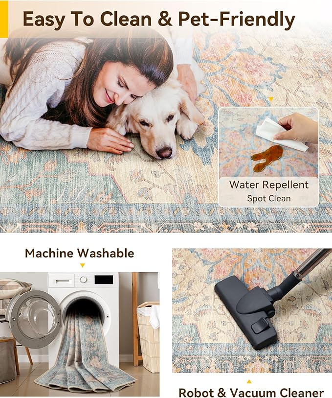 RELEANY Area Rugs 8'x10' Washable Non-Slip, Floral Vintage Distress Print - Image 5