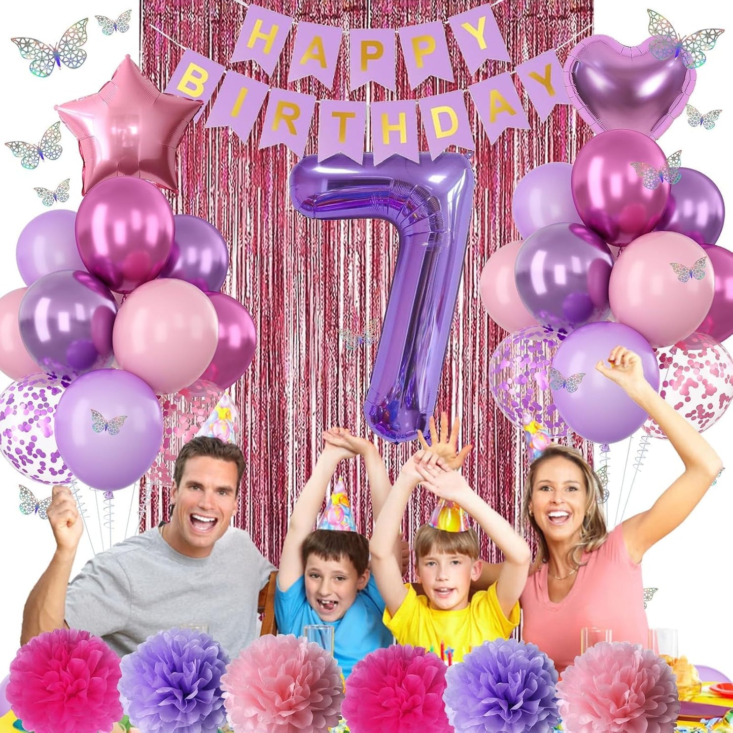 Pink Purple 7th Birthday Party Decorations for Girls Number 7 Balloon Happy Birthday Banner Butterfly Stickers Fringe Curtain Paper Pom Poms Metallic Hot Pink Star Foil Balloons 7 Year Old Princess